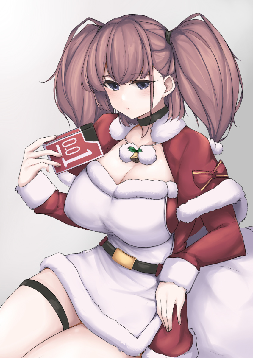 1girl absurdres atlanta_(kancolle) belt black_belt breasts brown_hair capelet dress fur-trimmed_capelet fur-trimmed_dress fur-trimmed_sleeves fur_trim grey_eyes highres jiangyou_dang kantai_collection large_breasts long_hair long_sleeves official_alternate_costume red_capelet santa_costume short_dress sitting solo thigh_strap two_side_up