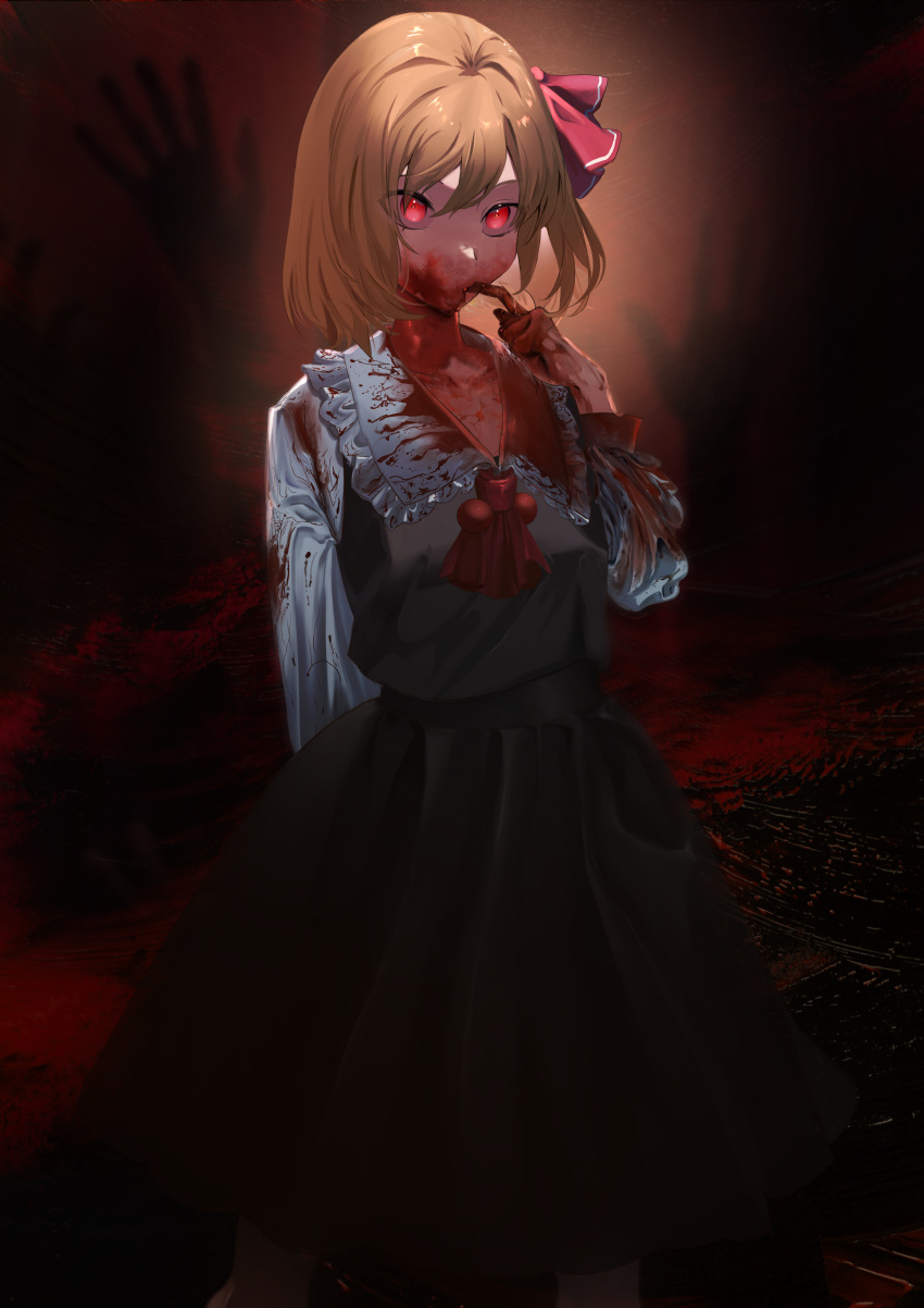 1girl absurdres black_vest blonde_hair blood dark dark_background darkness ela_(lilyvalley8) hair_ribbon hand_up highres horror_(theme) red_eyes red_ribbon ribbon rumia short_hair solo touhou vest