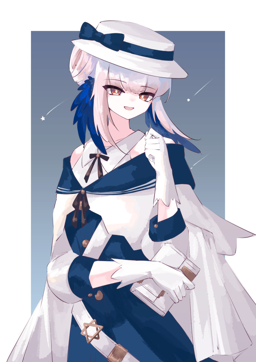 1girl arknights blue_bow border bow bright_pupils ceylon_(arknights) cowboy_shot dress feather_hair gloves grey_background hair_bun hand_up hat hat_bow highres holding holding_wallet looking_at_viewer nazo_no_hana open_mouth outside_border pink_eyes pink_hair simple_background solo star_(symbol) wallet white_border white_dress white_gloves white_headwear white_pupils