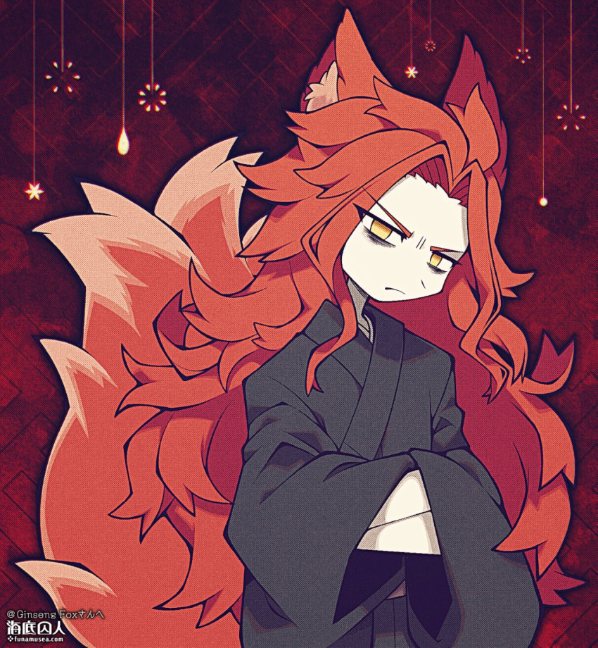 1boy angry animal_ears artist_name bags_under_eyes black_kimono closed_mouth colored_skin commission commissioner_name cowboy_shot crossed_arms fox_boy fox_ears fox_tail funamusea_(artist) hair_intakes highres japanese_clothes kimono long_hair long_sleeves looking_at_viewer male_focus orange_hair original red_background skeb_commission solo tail white_skin yellow_eyes