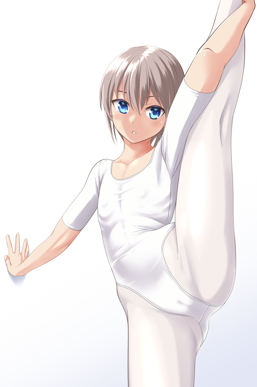 1girl absurdres against_wall athletic_leotard ballet blue_eyes breasts cameltoe commentary_request cowboy_shot flat_chest grey_hair highres leotard looking_at_viewer original pantyhose parted_lips ribs short_hair short_sleeves simple_background small_breasts solo split standing standing_on_one_leg standing_split takafumi variant_set white_background white_leotard white_pantyhose