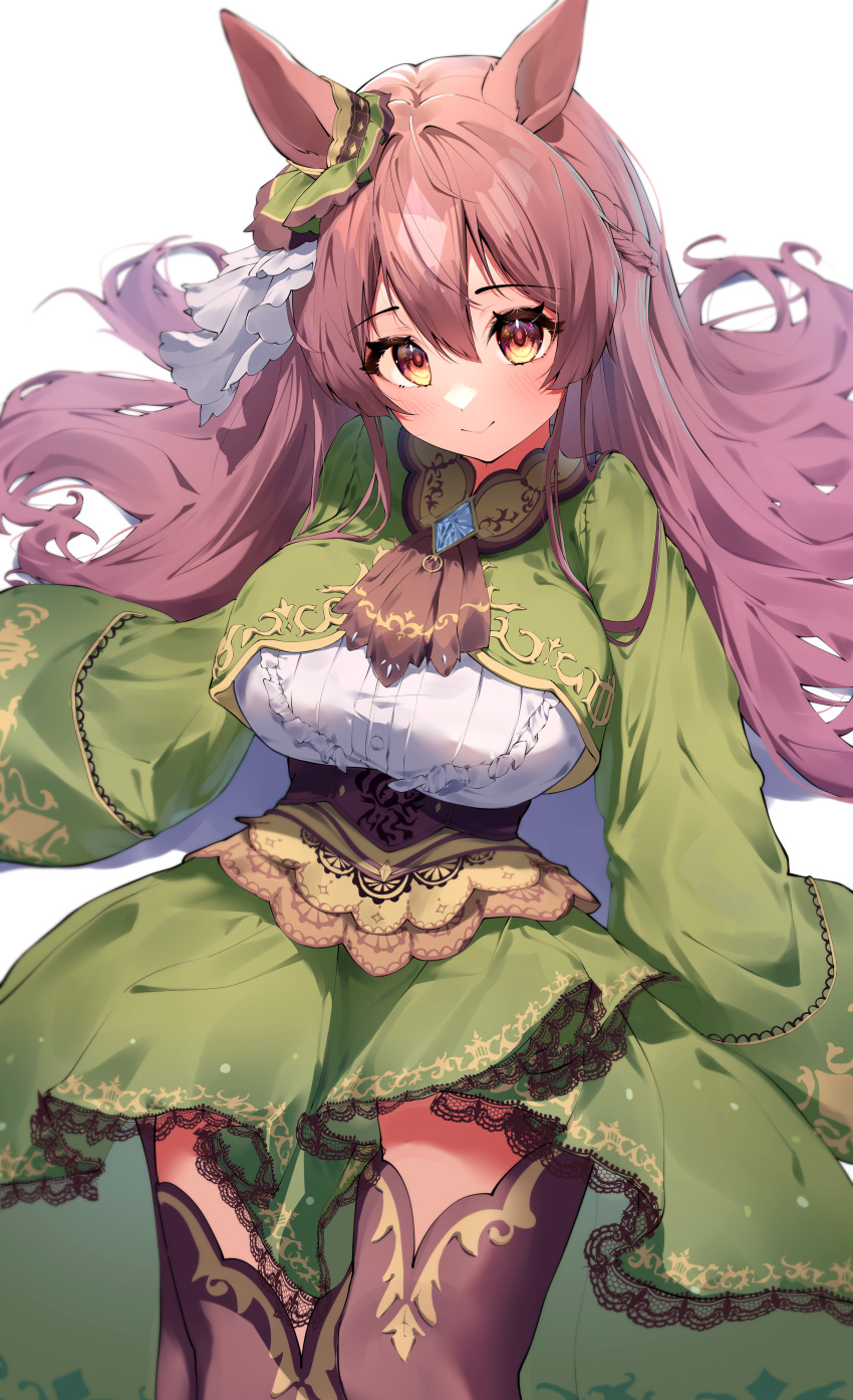 1girl absurdres animal_ears black_thighhighs blush breasts brown_eyes brown_hair closed_mouth dress feet_out_of_frame green_dress hair_between_eyes highres horse_ears horse_girl large_breasts long_hair satono_diamond_(umamusume) shumai_il simple_background sleeves_past_fingers sleeves_past_wrists smile solo thighhighs umamusume white_background
