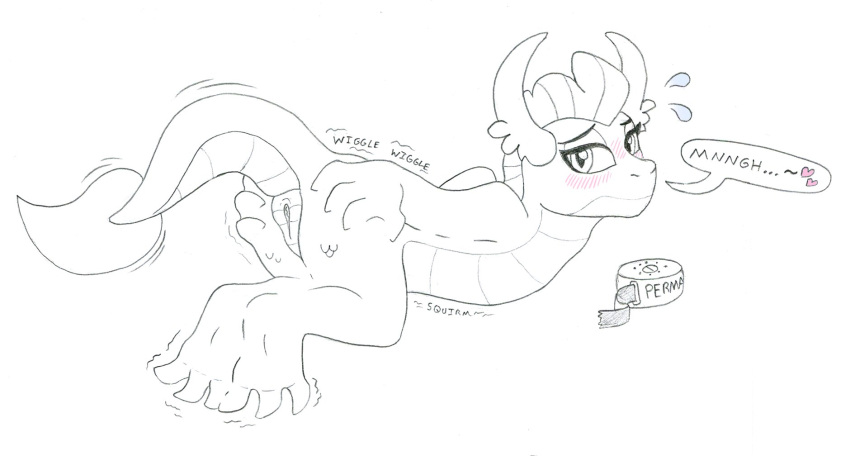 &lt;3 2_horns 3_toes 4_fingers after_transformation blush blush_lines bodily_fluids dragon ellipsis feet female feral fingers friendship_is_magic frill_(anatomy) fused_legs genitals hasbro head_crest head_frill hi_res horn icaron looking_at_viewer loss_of_speech lying motion_lines mouthless muffled_speech my_little_pony on_front permanent permanent_transformation pussy simple_background sketch smolder_(mlp) solo speech_bubble spread_toes squirm sweat sweatdrop tape toes wiggle