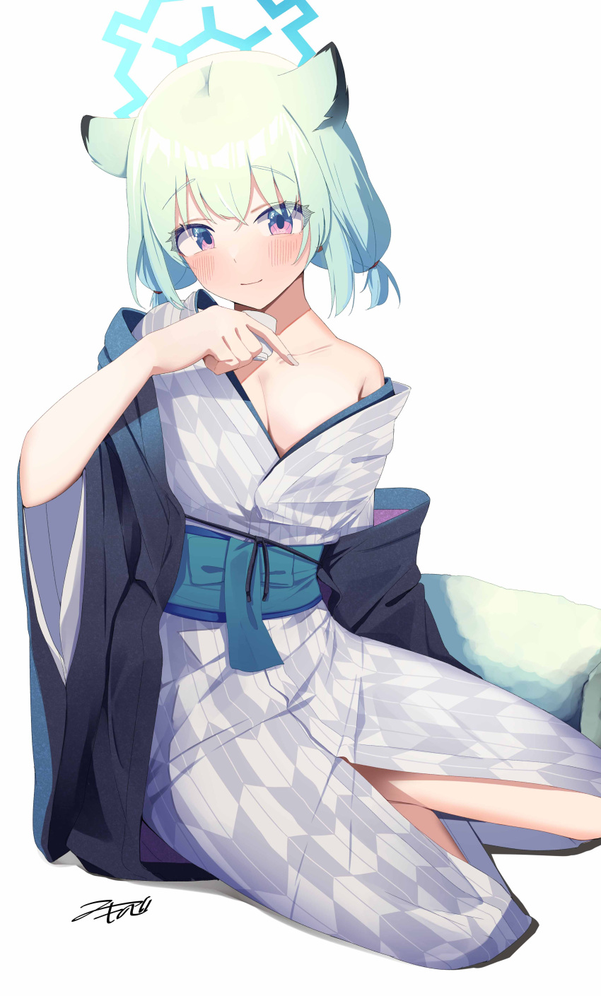 1girl absurdres akinoji_(akiponpon27) animal_ears blue_archive blue_halo blush breasts cleavage closed_mouth collarbone commentary_request cup fingernails green_hair grey_kimono halo highres holding holding_cup japanese_clothes kimono medium_breasts medium_hair obi official_alternate_costume purple_eyes sash shigure_(blue_archive) shigure_(hot_spring)_(blue_archive) signature simple_background smile solo tail weasel_ears weasel_tail white_background wide_sleeves