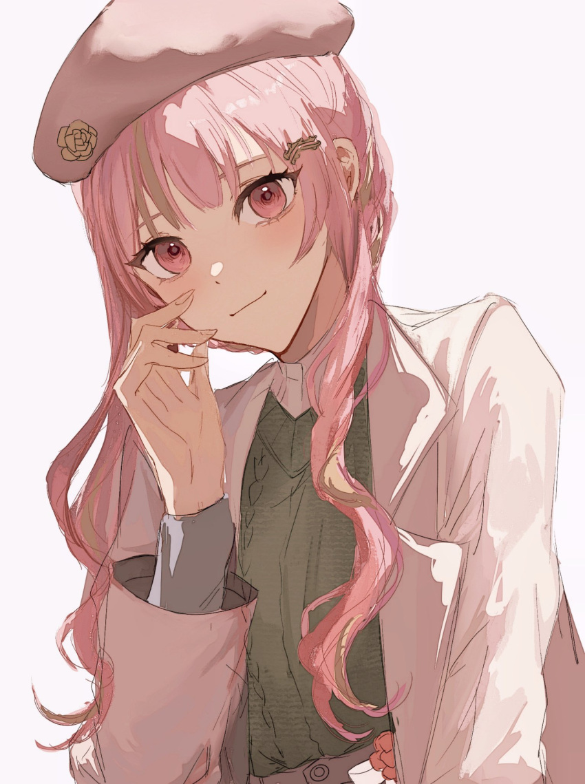 1girl beret green_sweater_vest hat highres jacket long_hair nijisanji nijisanji_en open_clothes open_jacket pink_eyes pink_hair pink_headwear rosemi_lovelock rosemi_lovelock_(3rd_costume) sidelocks simple_background solo sweater_vest virtual_youtuber white_background white_jacket xxjjww5