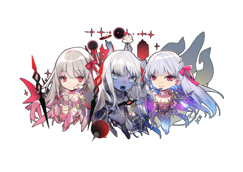 3girls armlet armor bare_shoulders belly_chain bikini_armor blue_eyes blue_hair blue_skin body_markings bracelet breasts chakram chibi cleavage club_(weapon) collar colored_inner_hair colored_skin durga_(fate) earrings extra_arms fangs fate/grand_order fate_(series) flower gradient_skin grey_hair hair_ribbon highres huge_weapon jewelry kali_(fate) kama_(fate) kama_(third_ascension)_(fate) large_breasts long_hair looking_at_viewer lotus metal_collar multicolored_hair multiple_girls neck_ring necklace no-kan open_mouth pelvic_curtain polearm red_eyes red_skin ribbon sash smile snake thighlet third_eye tongue tongue_out two-tone_hair vajra_(object) very_long_hair weapon white_hair