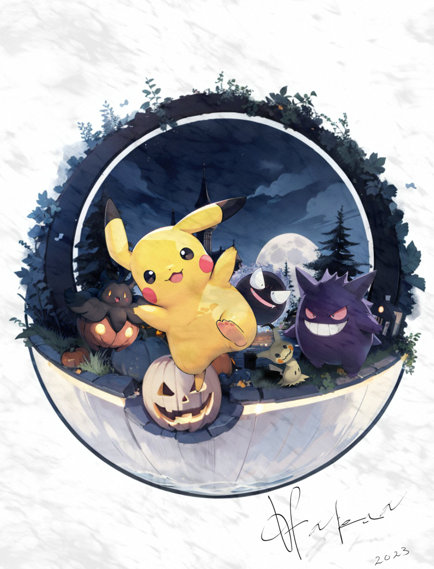 absurdres animal_focus cloud colored_skin commentary_request fangs gastly gengar grin halloween hatenachan highres jack-o'-lantern mimikyu moon night night_sky no_humans open_mouth pikachu poke_ball pokemon pokemon_(creature) pumpkaboo pumpkin red_eyes signature sky smile solid_oval_eyes tail tree white_background yellow_eyes yellow_skin