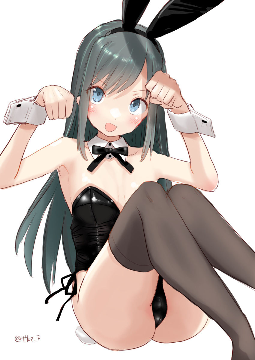 1girl animal_ears asashio_(kancolle) black_hair black_leotard black_thighhighs blue_eyes blush bow bowtie breasts covered_navel detached_collar fake_animal_ears highres kantai_collection leotard long_hair looking_at_viewer playboy_bunny rabbit_ears rabbit_tail sitting small_breasts smile solo strapless strapless_leotard tail tetsukuzu_(yajirushi_shita) thighhighs traditional_bowtie wrist_cuffs