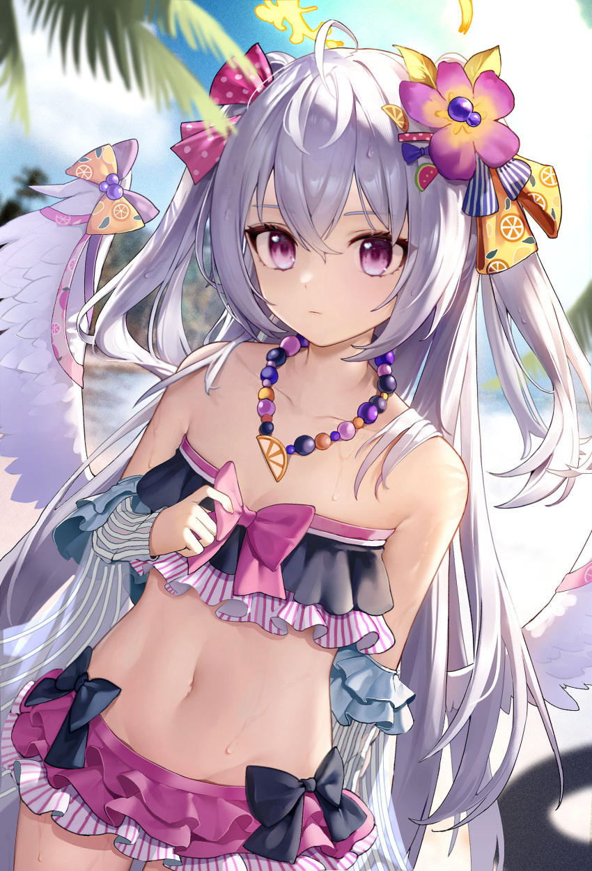 absurdres ahoge azusa_(blue_archive) azusa_(swimsuit)_(blue_archive) beach bead_necklace beads bikini blue_archive bow flat_chest flower frilled_bikini frills grey_hair hair_flower hair_ornament halo highres jewelry long_hair navel necklace oeuia purple_bow swimsuit wet white_wings wings yellow_halo