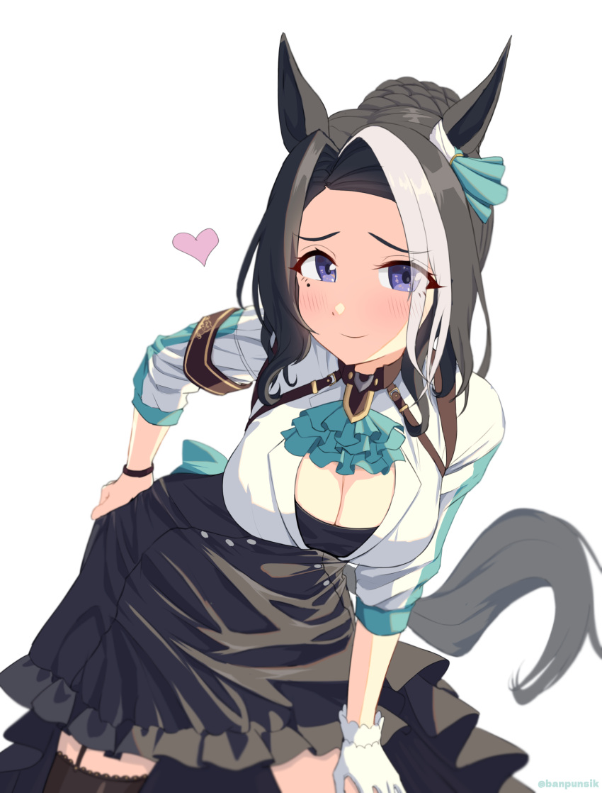 1girl absurdres animal_ears ascot banpunsik black_garter_straps black_hair black_skirt blue_ascot blush breasts cleavage closed_mouth commentary_request ear_ornament garter_straps gloves hair_bun hand_on_own_hip heart highres horse_ears horse_girl horse_tail jacket large_breasts leaning_forward long_sleeves looking_at_viewer mejiro_ramonu_(umamusume) multicolored_hair purple_eyes short_hair simple_background single_garter_strap single_glove single_thighhigh skirt smile solo streaked_hair tail thighhighs umamusume white_background white_gloves white_hair white_jacket wristband