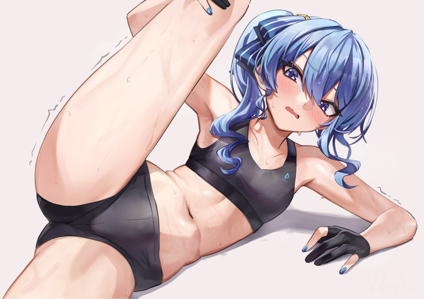 1girl black_shorts black_sports_bra blue_eyes blue_hair blue_nails breasts gloves hair_ribbon high_side_ponytail highres hololive hoshimachi_suisei lying navel on_side open_mouth partially_fingerless_gloves ribbon short_shorts shorts small_breasts sports_bra star_(symbol) star_in_eye stomach stretching struggling sweat symbol_in_eye thighs virtual_youtuber workout_clothes wszkii