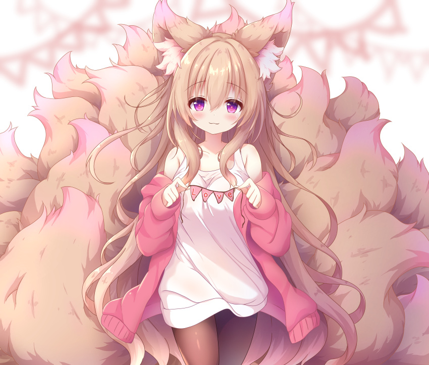 1girl absurdres animal_ear_fluff animal_ears bare_shoulders black_pantyhose breasts cardigan fox_ears fox_girl fox_tail highres komuginyan light_brown_hair long_hair long_shirt long_sleeves looking_at_viewer medium_breasts multiple_tails no_pants off_shoulder open_cardigan open_clothes original pantyhose pink_cardigan purple_eyes shirt sleeveless sleeveless_shirt tail too_much_fluff very_long_hair white_shirt