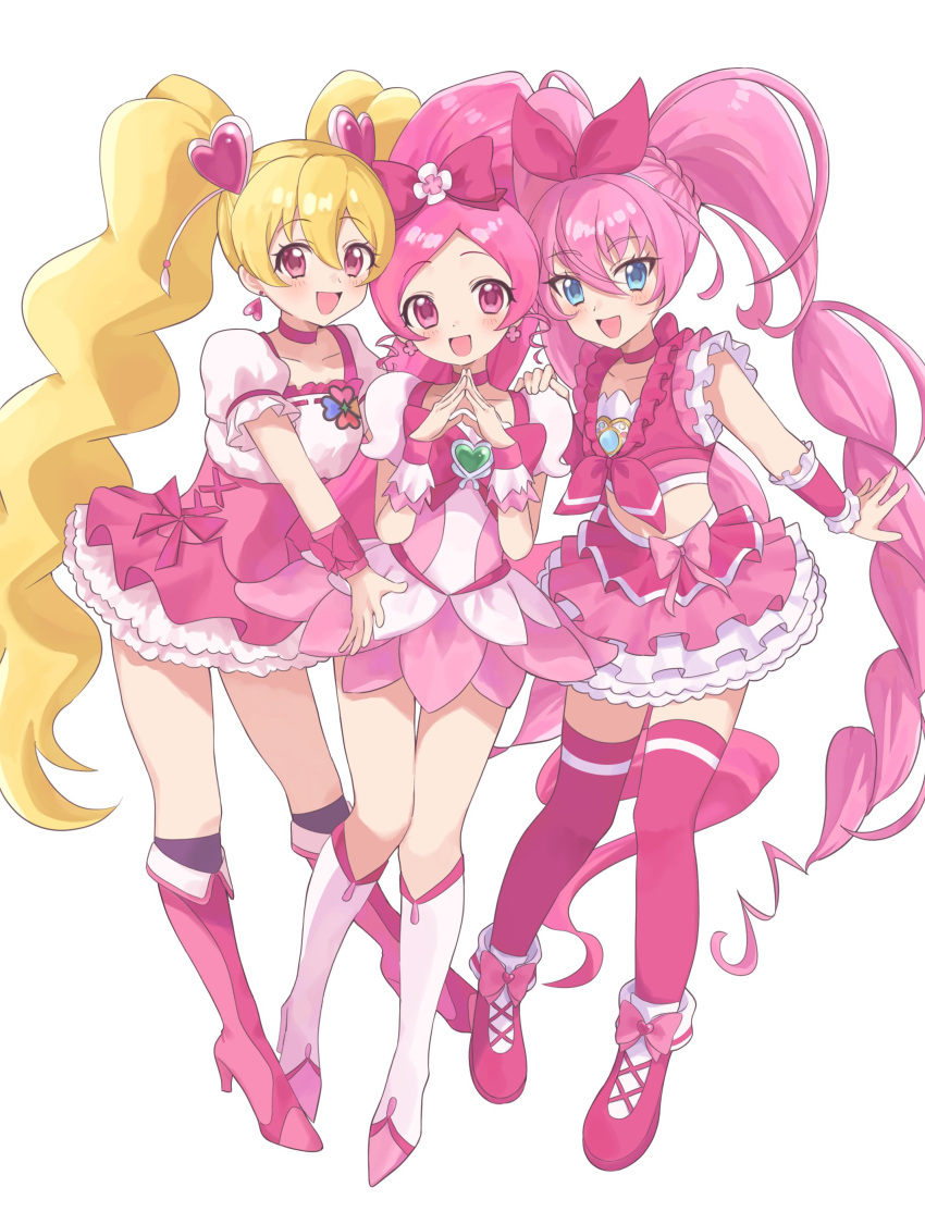 3girls :d absurdres black_socks blonde_hair blue_eyes blush boots bow bow_hairband choker commentary crossover cure_blossom cure_melody cure_peach curly_hair detached_sleeves dot_nose dress dress_bow earrings flower_earrings footwear_bow forehead fresh_precure! frilled_dress frilled_sleeves frills full_body hair_between_eyes hair_bow hair_ornament hairband hand_on_another's_shoulder happy heart heart_earrings heart_hair_ornament heartcatch_precure! high_heels high_ponytail highres in-franchise_crossover jewelry layered_dress layered_skirt long_hair looking_at_viewer midriff multiple_girls nemuiyoo00 open_mouth own_hands_together pink_bow pink_choker pink_dress pink_eyes pink_footwear pink_shirt pink_skirt pink_thighhighs precure puffy_short_sleeves puffy_sleeves raised_eyebrows shirt shoes short_dress short_sleeves simple_background skirt smile socks standing steepled_fingers straight_hair suite_precure symbol-only_commentary thighhighs tsurime twintails very_long_hair white_background white_footwear white_skirt wrist_cuffs zettai_ryouiki