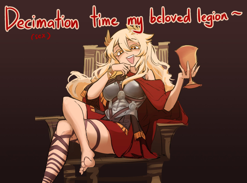 1girl armor barefoot blonde_hair bracelet breasts brown_background cape centurii-chan centurii-chan_(artist) chalice colored_eyelashes commentary crossed_legs cup english_commentary english_text gradient_background greco-roman_clothes head_wreath highres holding holding_cup jewelry large_breasts long_hair looking_at_viewer muscle_cuirass open_mouth original roman_armor roman_clothes simple_background single_bare_shoulder sitting smile solo teeth upper_teeth_only yellow_eyes