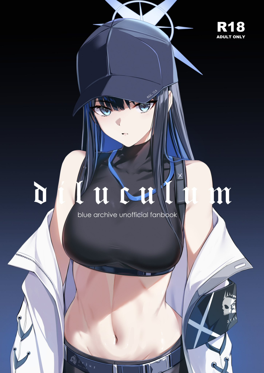 1girl bare_shoulders baseball_cap bee_doushi black_background black_shirt blue_archive blue_background blue_eyes blue_hair blue_headwear coat commentary_request crop_top gradient_background hat highres long_hair looking_at_viewer midriff navel official_art open_clothes open_coat parted_lips saori_(blue_archive) shirt sleeveless sleeveless_shirt solo stomach upper_body white_coat