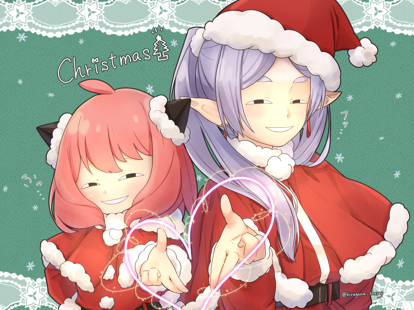 2girls absurdres anya's_heh_face_(meme) anya_(spy_x_family) child christmas crossover drop_earrings earrings elf frieren fur-trimmed_headwear fur_trim hairpods hat highres hiragana_sherry jewelry long_hair long_sleeves meme merry_christmas multiple_girls parted_bangs pink_hair pointy_ears red_headwear santa_costume santa_hat smug sousou_no_frieren spy_x_family tanezaki_atsumi twintails voice_actor_connection white_hair