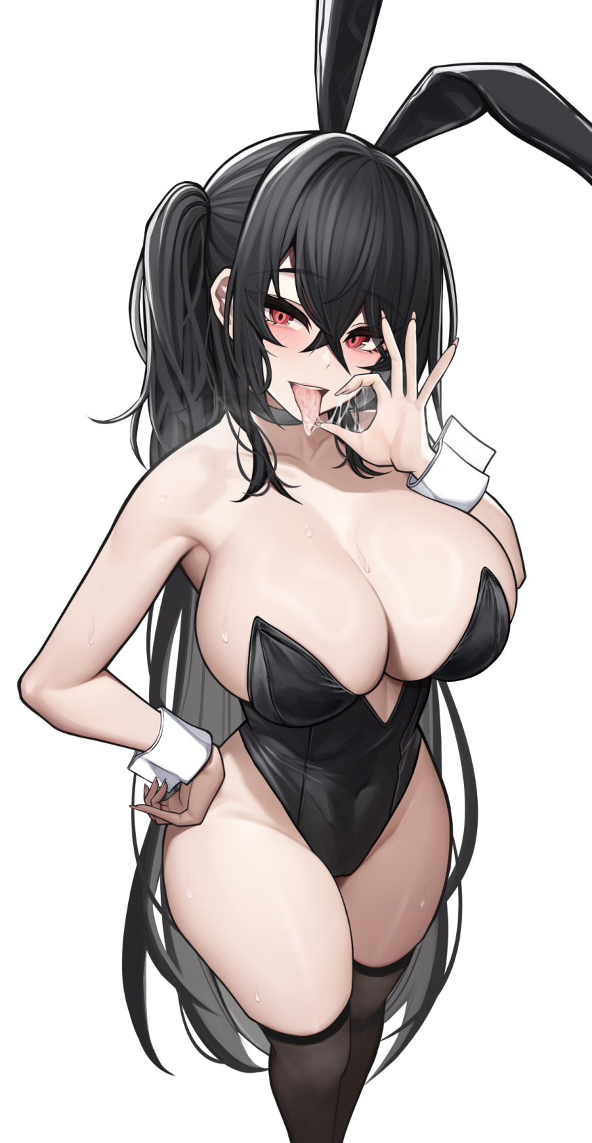 1girl alternate_costume animal_ears azur_lane bare_arms bare_shoulders black_leotard black_thighhighs blush breasts cleavage crossed_bangs fake_animal_ears fellatio_gesture hand_on_own_hip highres large_breasts leotard long_hair looking_at_viewer open_mouth playboy_bunny rabbit_ears red_eyes saliva simple_background siu_(siu0207) smile solo standing taihou_(azur_lane) thighhighs thighs tongue tongue_out white_background wrist_cuffs