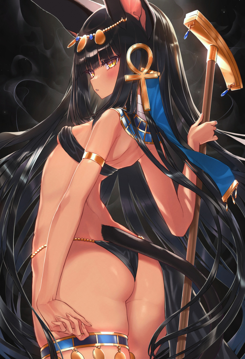 1girl animal_ears ankh anubis_(mythology) arched_back armlet ass back bad_id bad_twitter_id black_background black_hair blush breasts commentary_request dark-skinned_female dark_skin egyptian_clothes egyptian_mythology headpiece highres holding holding_staff jackal_ears jackal_tail komiya_nigi long_hair looking_at_viewer looking_back original parted_lips revealing_clothes revision slit_pupils small_breasts solo staff thighlet usekh_collar very_long_hair yellow_eyes