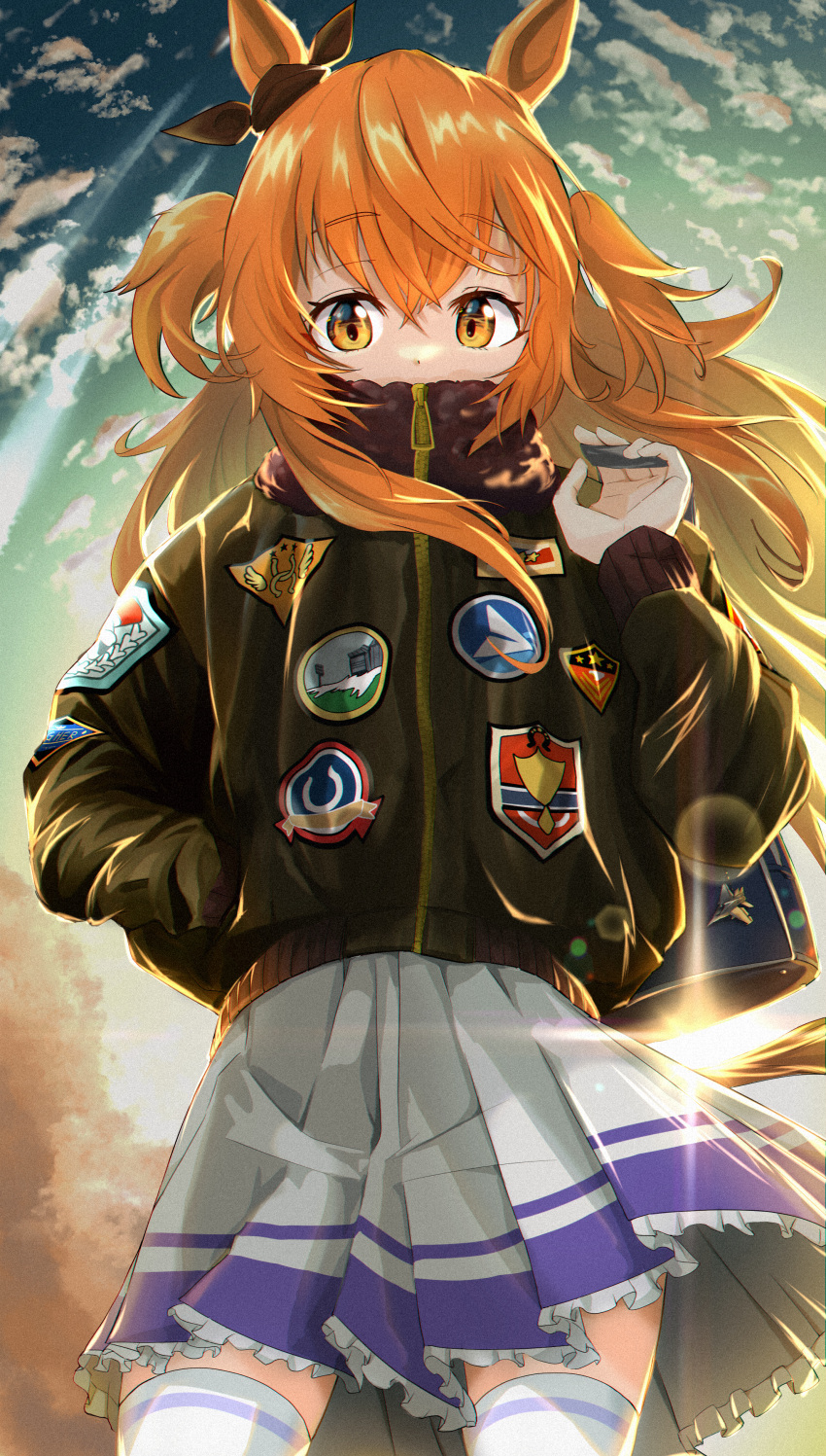 1girl absurdres animal_ears badge bag banpunsik black_bow blue_sky bomber_jacket bow cloud cloudy_sky commentary_request covered_mouth ear_bow fur-trimmed_collar fur_trim hair_between_eyes highres horse_ears horse_girl horse_tail jacket long_hair long_sleeves looking_at_viewer mayano_top_gun_(umamusume) orange_eyes orange_hair outdoors petticoat pleated_skirt shoulder_bag skirt sky solo sunlight tail thighhighs two_side_up umamusume white_skirt white_thighhighs
