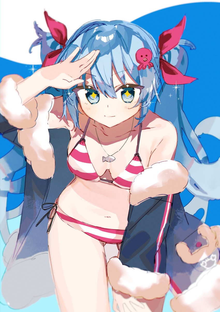 +_+ :3 ass_visible_through_thighs bikini black_coat blue_eyes blue_hair bow breasts cleavage coat commentary cowboy_shot crab_print fish_pendant fur-trimmed_coat fur_trim hair_bow hand_on_own_thigh hand_up hatsune_miku highres leaning_forward light_smile long_hair looking_at_viewer medium_breasts octopus_hair_ornament outdoors red_bikini red_bow shading_eyes sparkle standing striped striped_bikini swimsuit tsuchinoko_(tutituti0125) twintails umi_no_searchlight_(vocaloid) vocaloid yuki_miku yuki_miku_(2022)