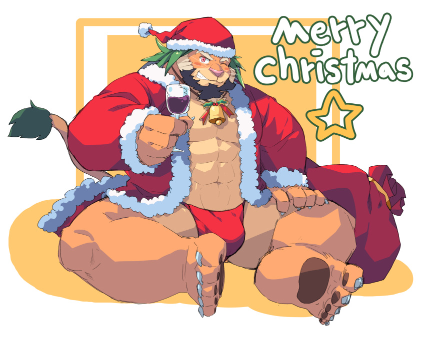 1boy abs absurdres alcohol arsalan_(housamo) bara bare_pectorals bell blush christmas claws cup drink facial_hair fundoshi furry furry_male goatee hand_on_own_thigh hat highres holding holding_cup holding_drink japanese_clothes jerry_(jerry_5779) jewelry lion_boy lion_mane lion_tail looking_at_viewer male_focus merry_christmas necklace one_eye_closed pawpads pectorals sack santa_costume santa_hat sitting star_(symbol) tail tokyo_afterschool_summoners whiskers wine