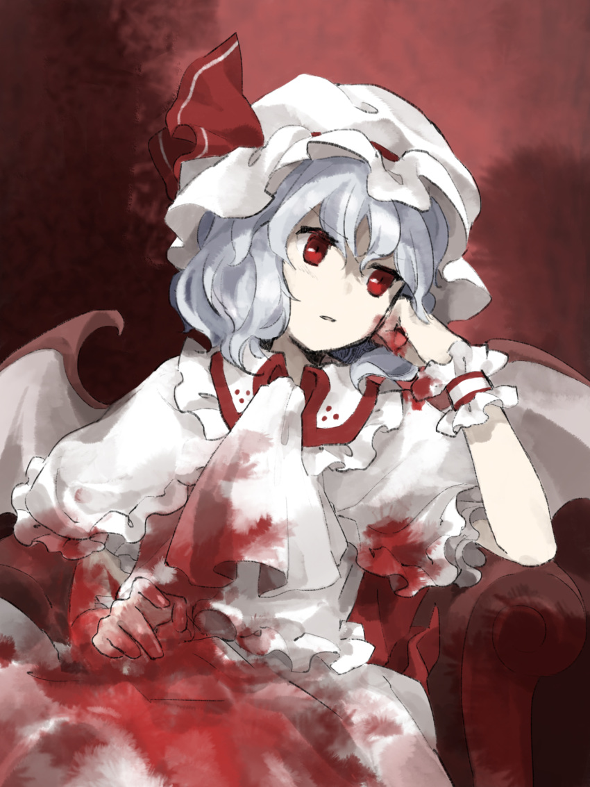1girl ascot blood blood_on_clothes blood_on_face blood_on_hands blue_hair collared_shirt commentary_request frilled_shirt frilled_shirt_collar frilled_wrist_cuffs frills hand_on_own_cheek hand_on_own_face hat hat_ribbon highres kaigen_1025 light_blue_hair medium_hair mob_cap parted_lips red_background red_eyes red_ribbon remilia_scarlet ribbon shirt sitting skirt solo touhou white_ascot white_headwear white_shirt white_skirt white_wrist_cuffs wrist_cuffs