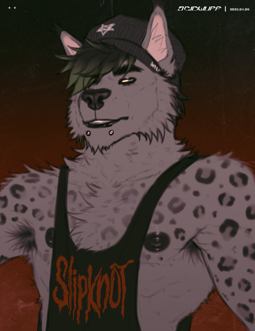 2023 acidwuff anthro armpit_hair artist_name beanie black_clothing black_lips black_nipples black_topwear body_hair bust_portrait cheek_tuft chest_tuft clothed clothing dated dipstick_ears ear_tuft facial_piercing facial_tuft felid feline front_view fur gradient_background green_eyes green_hair grey_body grey_fur hair hat headgear headwear hi_res inner_ear_fluff lip_piercing lips lynx male mammal multicolored_ears nipples piercing pink_inner_ear_fluff portrait simple_background snakebite_piercing solo spotted_shoulders topwear tuft