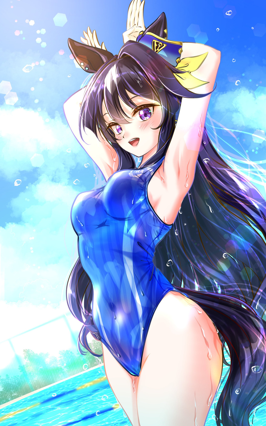 1girl absurdres alternate_costume animal_ears armpits arms_up black_hair blue_eyes blue_hair blurry blurry_background blush breasts cloud competition_swimsuit covered_navel dark_blue_hair hair_between_eyes hair_ornament highres horse_ears horse_girl kanalemoz long_hair medium_breasts one-piece_swimsuit open_mouth pool sky solo swimsuit umamusume verxina_(racehorse) wet