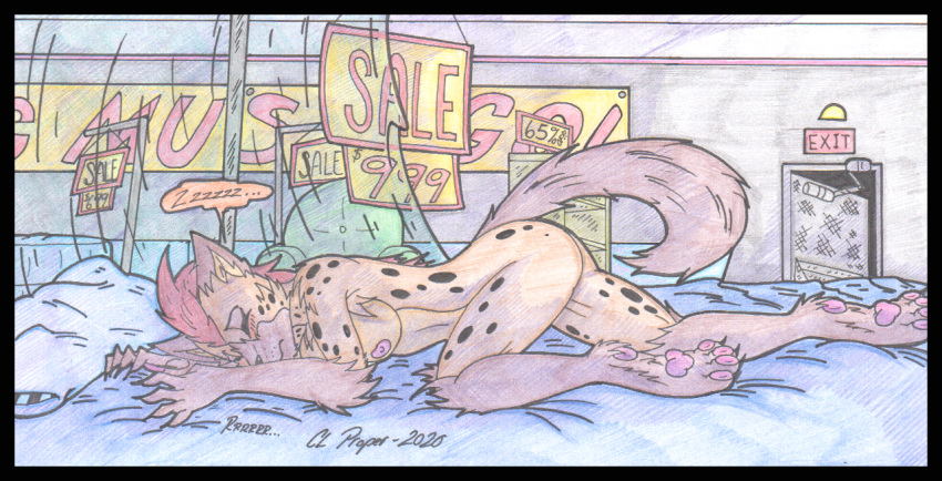 2020 anthro autumn_williams breasts colored_pencil cougar_leon feet female fur hair humanoid hyena mammal nipples nude paws simple_background solo spots spotted_body spotted_fur spotted_hyena tail text traditional_media_(artwork) were werehyena