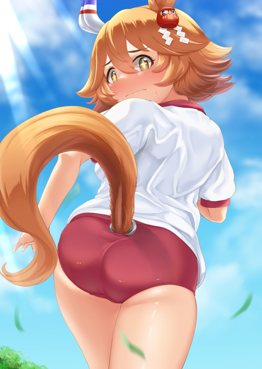 +_+ 1girl animal_ears ass blue_sky blush buruma closed_mouth cloud cloudy_sky commentary_request daruma_doll ear_covers flipped_hair hair_between_eyes highres horse_ears horse_girl horse_tail looking_at_viewer looking_back matikanefukukitaru_(umamusume) naka_ushiro orange_hair outdoors puffy_short_sleeves puffy_sleeves red_buruma shirt short_hair short_sleeves single_ear_cover sky solo tail tail_through_clothes umamusume white_shirt yellow_eyes