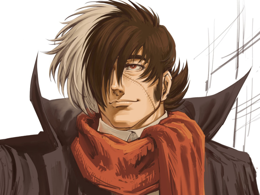 1boy black_coat black_hair black_jack_(character) black_jack_(series) brown_eyes closed_mouth coat collared_shirt eyelashes highres looking_ahead male_focus mature_male oldkin orange_scarf scarf shirt short_hair solo stitched_face stitches unfinished upper_body white_hair white_shirt