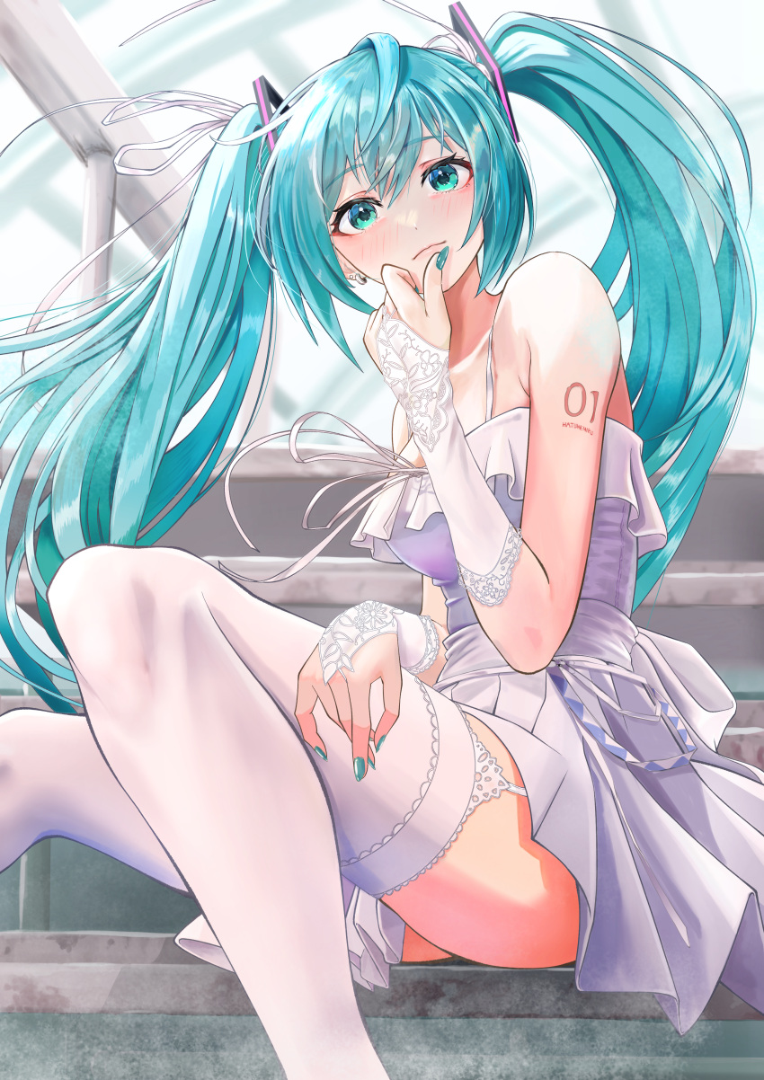 1girl absurdres blue_eyes blue_hair blush bridal_gauntlets commentary dress elbow_gloves feet_out_of_frame garter_straps gloves hair_ribbon hand_on_own_chin hatsune_miku highres hxk4_n knees_up lace lace_gloves long_hair looking_at_viewer nail_polish on_stairs ribbon sitting sleeveless sleeveless_dress smile solo thighhighs very_long_hair vocaloid