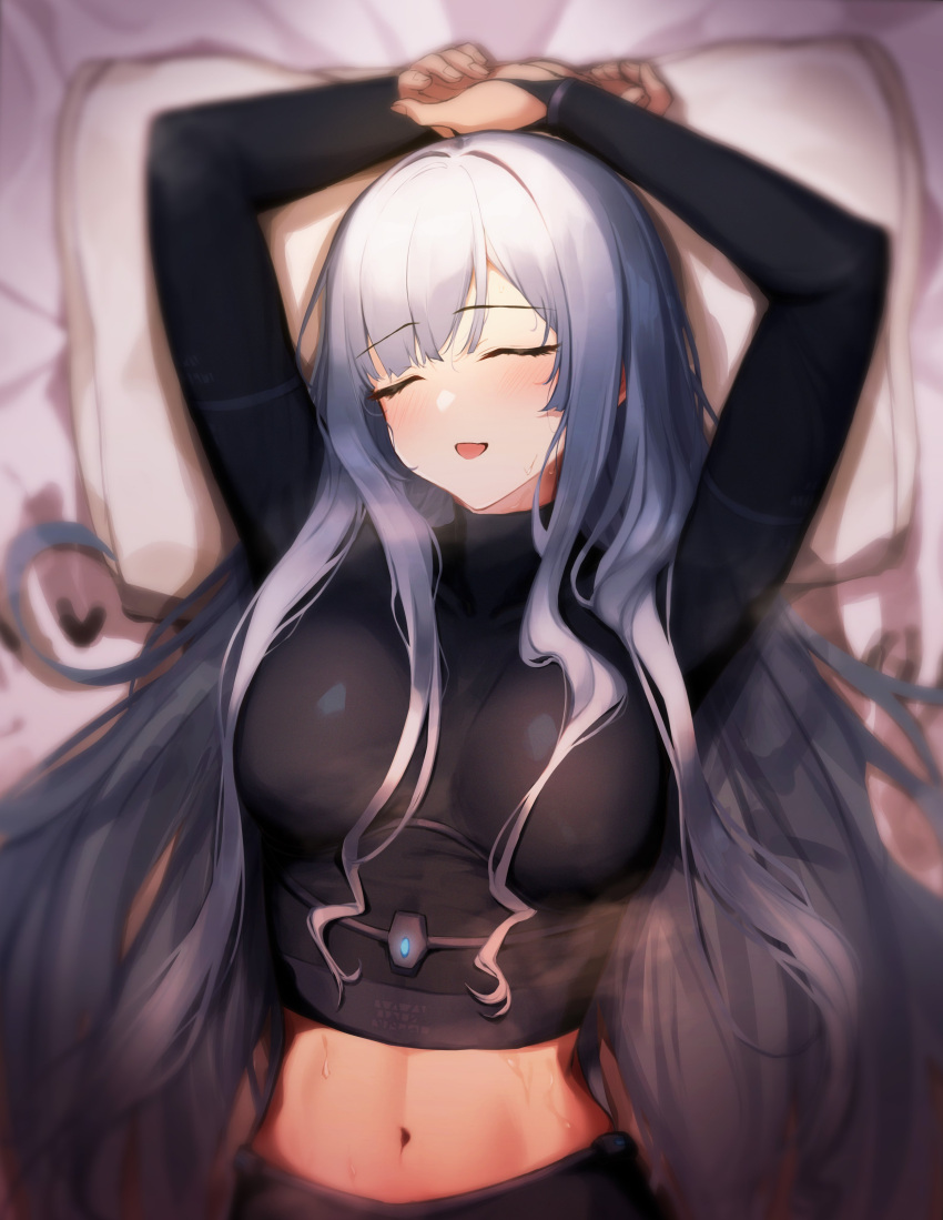 1girl 3_small_spiders absurdres ak-12 arms_up assault_rifle black_shirt blush breasts closed_eyes commentary_request crop_top fingernails girls'_frontline gun highres kalashnikov_rifle large_breasts long_hair long_sleeves lying midriff navel on_back open_mouth pillow rifle shirt solo steaming_body sweat turtleneck upper_body weapon