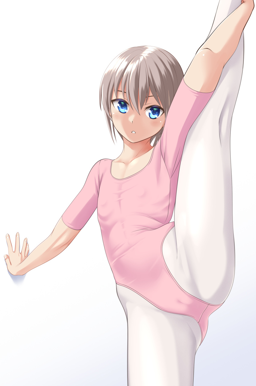 1girl absurdres against_wall athletic_leotard ballet blue_eyes breasts cameltoe commentary_request cowboy_shot flat_chest grey_hair highres leotard looking_at_viewer original pantyhose parted_lips pink_leotard ribs short_hair short_sleeves simple_background small_breasts solo split standing standing_on_one_leg standing_split takafumi variant_set white_background white_pantyhose