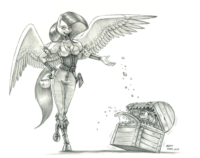 2023 anthro axe bag baron_engel bodily_fluids breasts cleavage clothed clothing equid equine eyeball fangs feathers female fluttershy_(mlp) friendship_is_magic hair hasbro hooves jewelry mammal mane mimic_chest my_little_pony necklace open_hand open_mouth pegasus saliva saliva_on_tongue signature smile solo spread_wings standing teeth tongue tongue_out treat wings