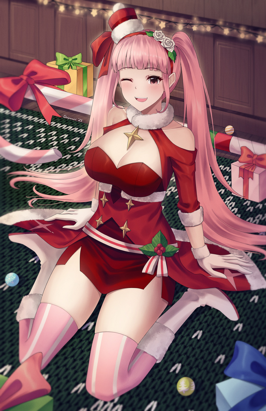 ;d bare_shoulders bauble boots breasts candy candy_cane cleavage doiparuni fire_emblem fire_emblem:_three_houses fire_emblem_heroes food gift gloves hairband highres hilda_valentine_goneril hilda_valentine_goneril_(winter) knee_boots mistletoe one_eye_closed oversized_food oversized_object pink_eyes pink_hair red_hairband sitting smile striped striped_thighhighs thighhighs twintails wariza white_gloves