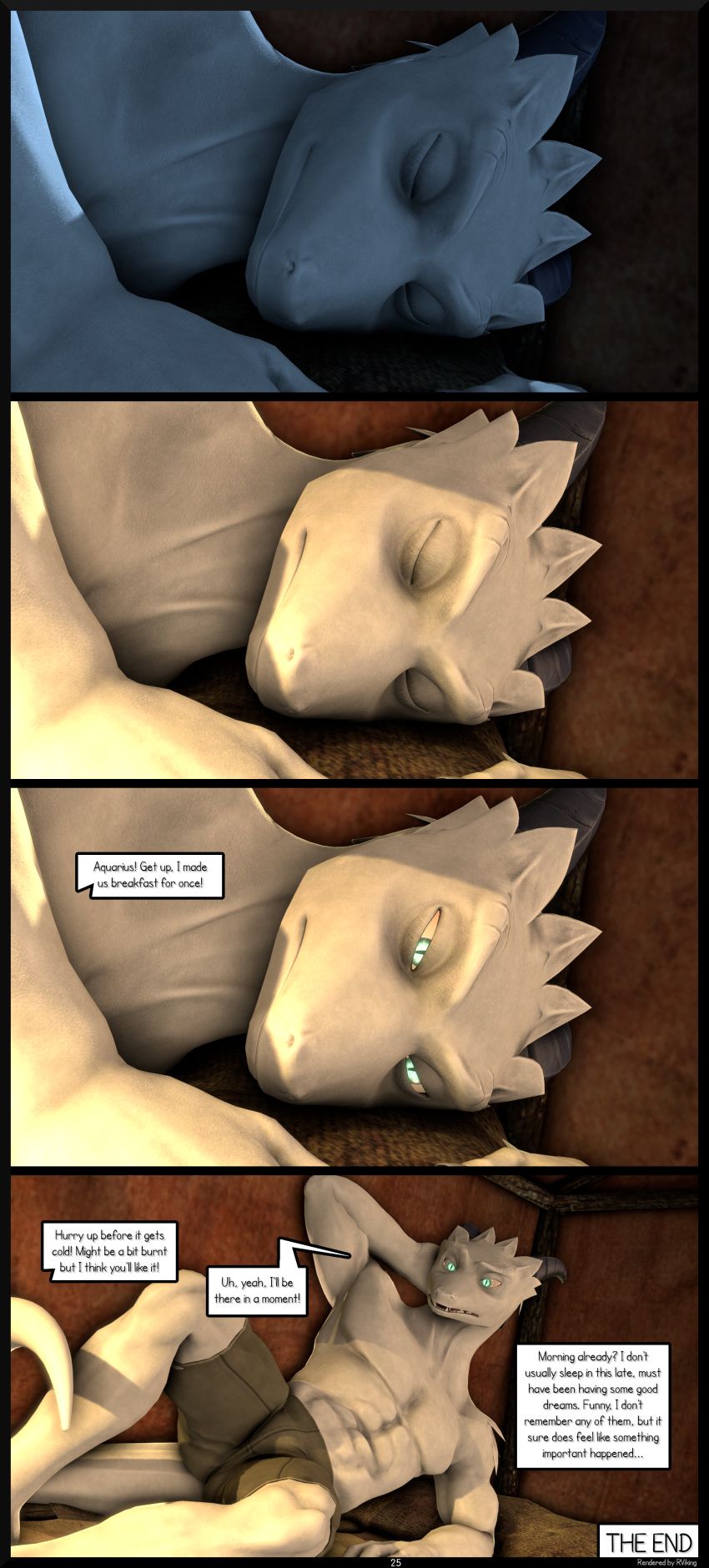 2023 3d_(artwork) abs absurd_res anthro aquarius_(petruz) athletic athletic_anthro athletic_male barefoot blue_eyes clothed clothing comic dialogue digital_media_(artwork) english_text eyes_closed feet hi_res humanoid_hands lizard lying male morning night offscreen_character on_side petruz_(copyright) reindeerviking reptile scales scalie sleeping solo source_filmmaker speech_bubble teeth text the_end topless topless_anthro topless_male underwear waking_up white_body white_scales