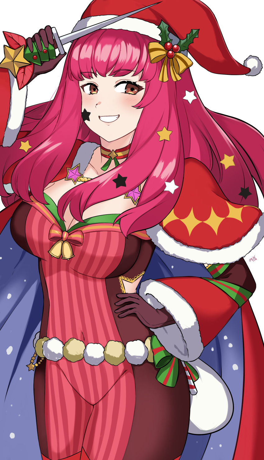 1girl absurdres blue_cape bodysuit breasts cape christmas facial_mark fire_emblem fire_emblem_engage fire_emblem_heroes hair_ornament hand_on_own_hip hat highres holding holding_sack holly_hair_ornament ice_pick kgctcg large_breasts multicolored_cape multicolored_clothes official_alternate_costume red_cape sack santa_hat star_(symbol) star_facial_mark star_hair_ornament star_print two-tone_cape yunaka_(fire_emblem) yunaka_(fire_emblem)_(spirited_envoy)