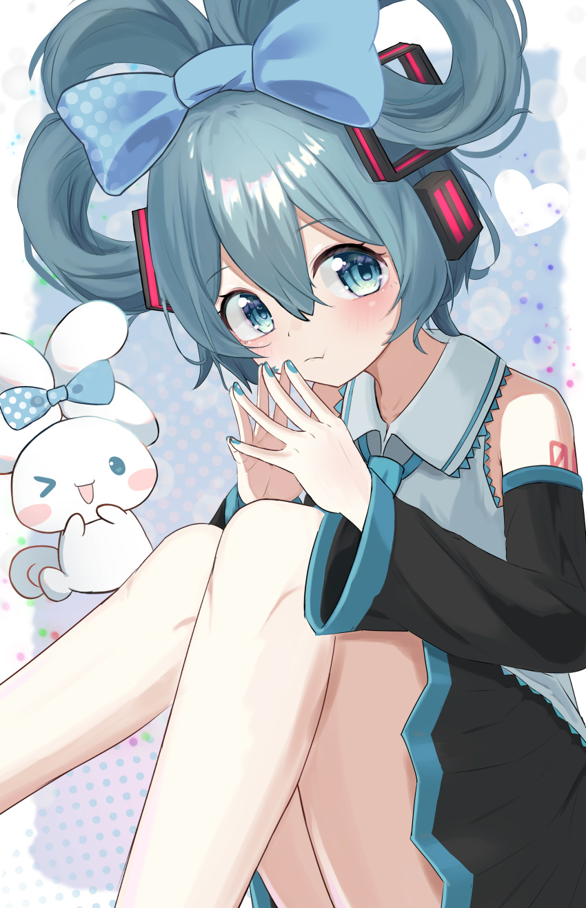 &gt;_o 1girl :t absurdres blue_eyes blue_hair blush bow cinnamiku cinnamoroll collared_shirt commentary detached_sleeves ear_bow hair_bow hatsune_miku headphones heart highres knees_up long_hair long_sleeves looking_at_viewer nail_polish necktie one_eye_closed own_hands_together shirt sitting skirt sleeveless sleeveless_shirt spiral_(udon) updo vocaloid