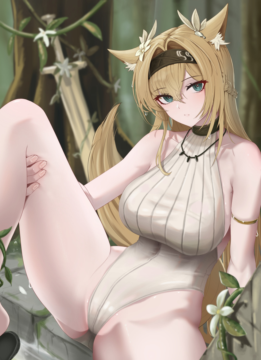 1girl absurdres animal_ears arknights armlet bare_arms bare_shoulders black_hairband blonde_hair blue_eyes braid breasts commentary french_braid grey_one-piece_swimsuit hairband highres horn_(arknights) horn_(to_effloresce_whitely)_(arknights) knee_up large_breasts long_hair mildt official_alternate_costume one-piece_swimsuit sitting solo swimsuit tail thighs wolf_ears wolf_tail