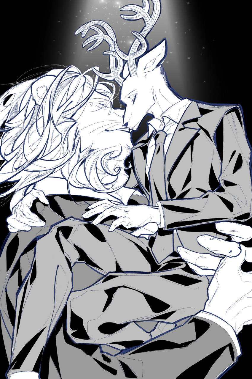2boys absurdres animal_ears antlers beastars black_background carrying carrying_person closed_eyes crack_of_light deer_antlers deer_boy deer_ears furry furry_male glasses height_difference highres ibuki_(beastars) imminent_kiss kiss light_particles lion_boy lion_ears lion_mane louis_(beastars) male_focus monochrome multiple_boys necktie pants smile suit yibengyitiaodeshaomai