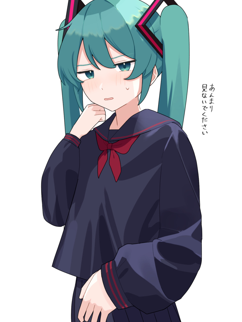 1girl bentou_(bentou_1) black_serafuku blue_eyes blue_hair blush commentary hand_up hatsune_miku highres long_hair long_sleeves looking_at_viewer neckerchief open_mouth pleated_skirt school_uniform serafuku skirt solo sweat translated twintails vocaloid