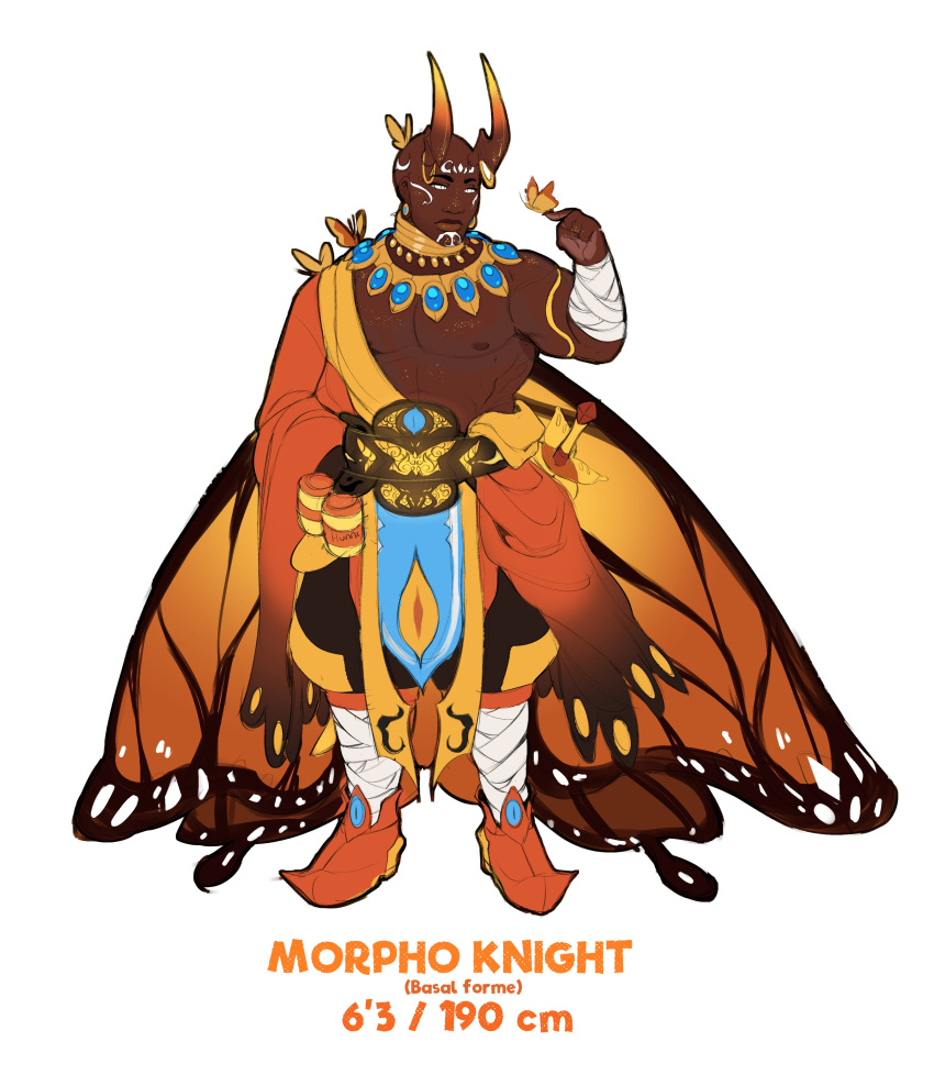 1boy absurdres bald bandaged_leg bandages bara bare_pectorals beetle_boy beetle_horn bug butterfly butterfly_on_hand dark-skinned_male dark_skin facial_mark full_body gold hadanugi_dousa highres horns jewelry kirby_(series) large_pectorals lios long_horns looking_at_viewer male_focus monster_boy muscular muscular_male necklace nipples original pectorals pelvic_curtain saturn/eden_(saturnsorblt) solo stats thick_eyebrows white_eyes