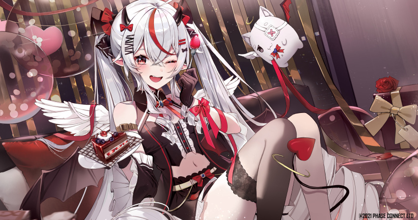 1girl ;d absurdres cake cake_slice eumi_114 eyepatch fangs feathered_wings food fork gift gloves hair_ornament hairclip heart highres holding holding_fork holding_plate horns navel one_eye_closed phase_connect plate remilia_nephys single_thighhigh smile solo tag tail thighhighs twintails white_wings wings