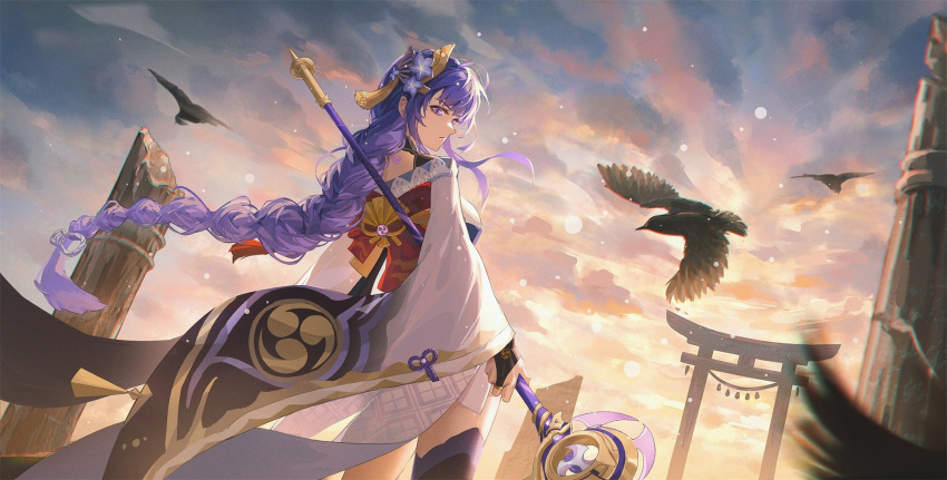 1girl benghuaidesusan bird blunt_bangs braid broken_pillar cloud cloudy_sky engulfing_lightning_(genshin_impact) genshin_impact hair_flowing_over hair_ornament highres holding holding_polearm holding_weapon japanese_clothes long_hair looking_at_viewer looking_back mitsudomoe_(shape) naginata pillar polearm purple_eyes purple_hair raiden_shogun single_braid sky solo standing sunset tomoe_(symbol) weapon