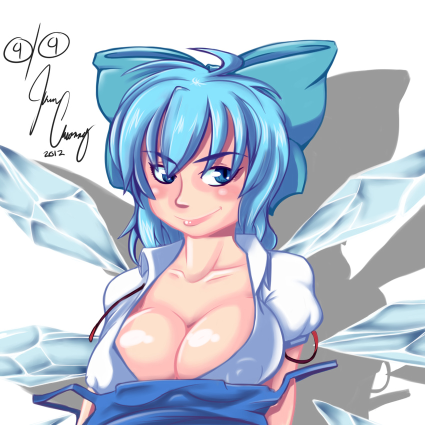 1girl 2012 ahoge alternate_breast_size blue_eyes blue_hair bow breasts cirno cleavage covered_nipples dated hair_bow highres ice ice_wings large_breasts off_shoulder older radlionheart short_hair signature smile solo touhou transparent_background wardrobe_malfunction wings
