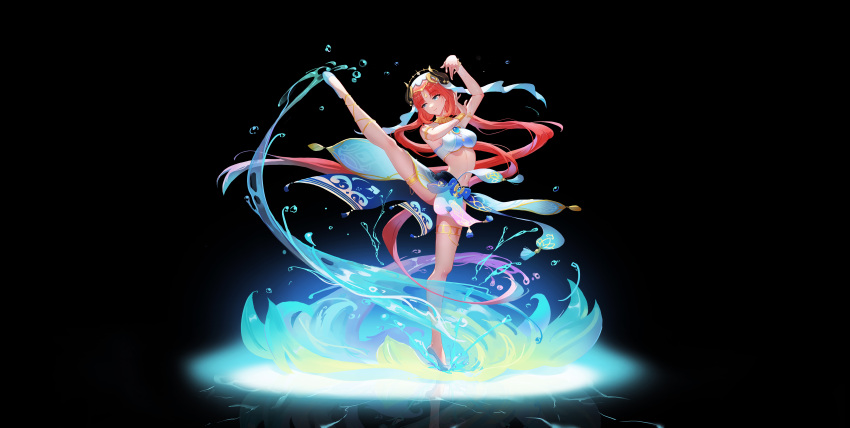 1girl absurdres barefoot black_background breasts brooch crop_top dancing ermu_(enmmm) full_body genshin_impact highres horns jewelry large_breasts long_hair looking_at_viewer moonlight nilou_(genshin_impact) orange_hair simple_background splashing thighs