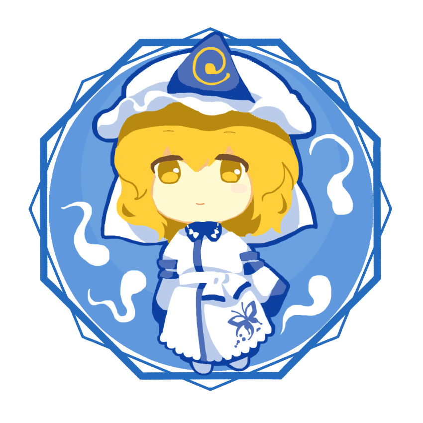 1girl alternate_color blonde_hair chibi closed_mouth collared_dress commentary_request dress hat highres kaigen_1025 long_sleeves medium_hair mob_cap no_nose saigyouji_yuyuko sash single_blush_sticker sleeves_past_fingers sleeves_past_wrists smile touhou white_headwear white_sash yellow_eyes