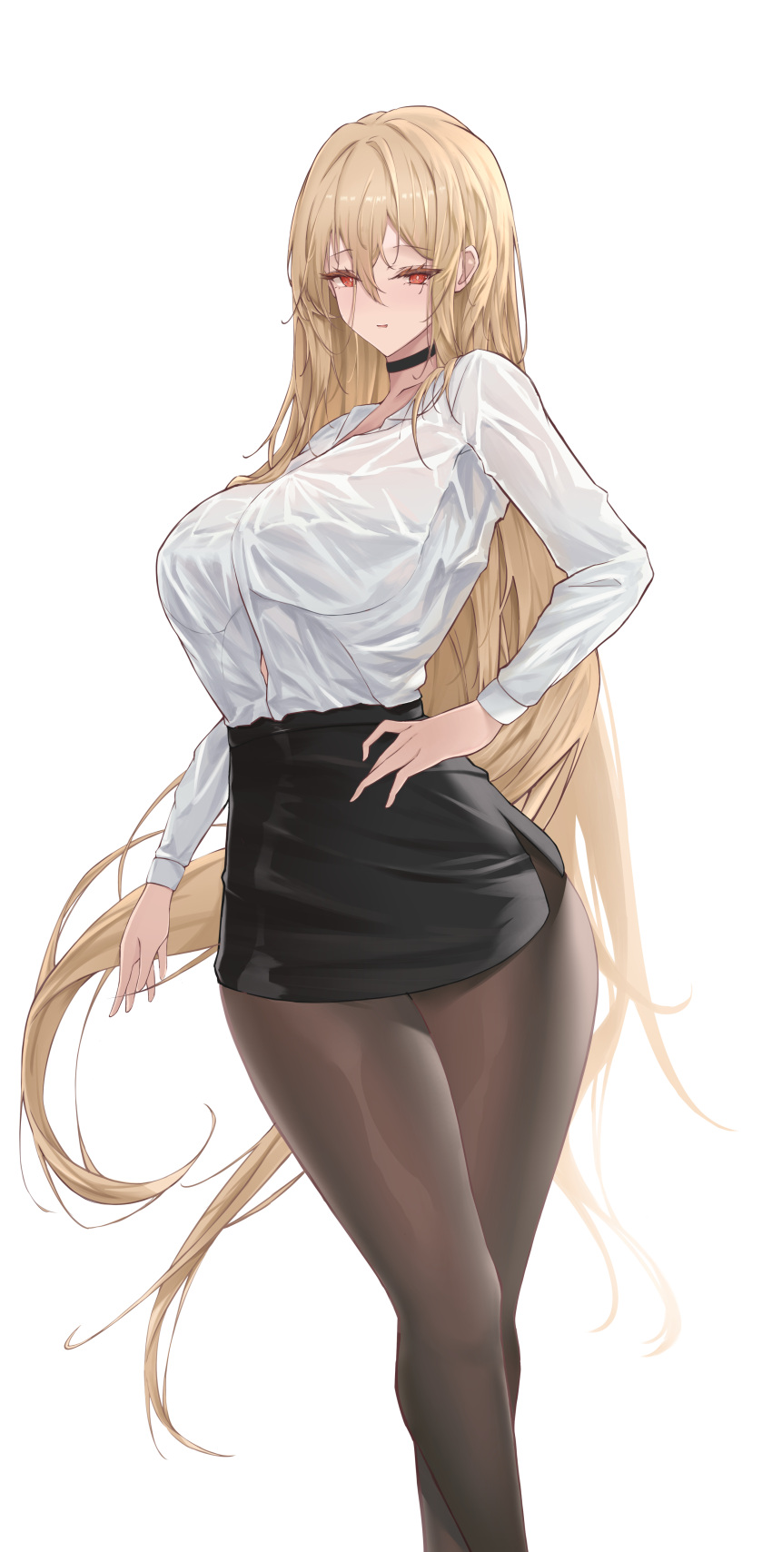 1girl absurdres azur_lane black_choker black_skirt blonde_hair breasts brown_pantyhose choker feet_out_of_frame hair_between_eyes hand_on_own_hip high-waist_skirt highres implacable_(azur_lane) implacable_(shepherd_of_the_"lost")_(azur_lane) large_breasts ling_yi_de_lei_ke long_hair long_sleeves looking_at_viewer office_lady official_alternate_costume pantyhose pencil_skirt red_eyes see-through see-through_shirt shirt shirt_tucked_in simple_background skirt solo very_long_hair white_background white_shirt