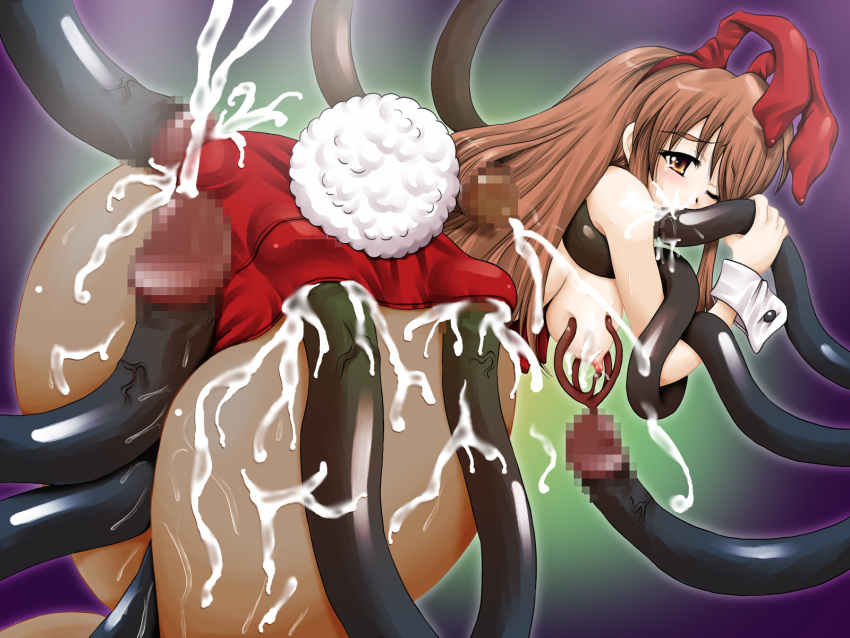 animal_ears asahina_mikuru ass breasts brown_hair cum cum_in_ass cum_on_body cum_on_breasts cum_on_clothes facial highres large_breasts long_hair nipples non-web_source rabbit_ears rabbit_tail sex suzumiya_haruhi_no_yuuutsu tail tentacle_sex tentacles